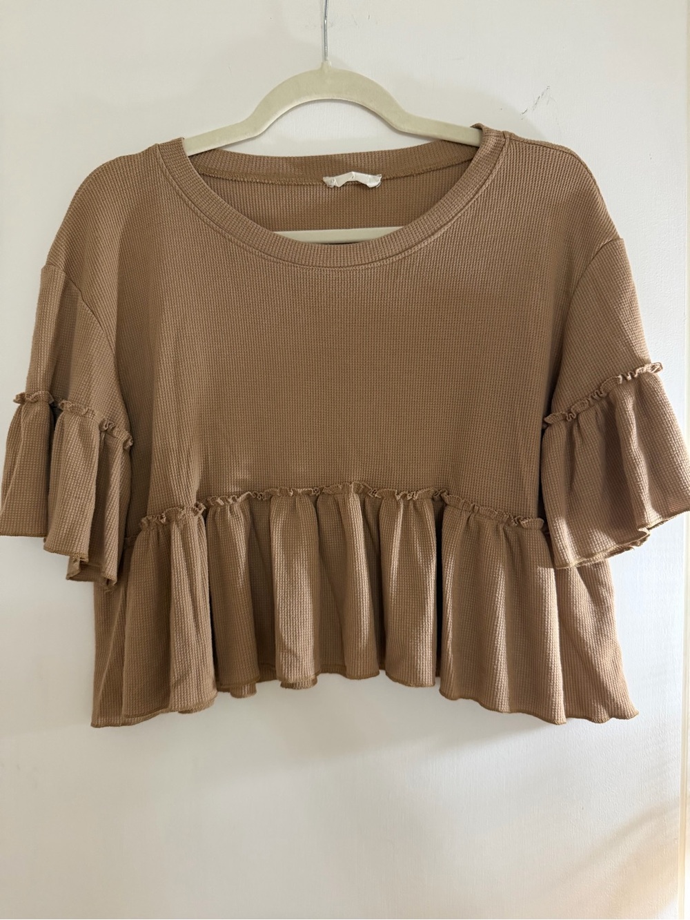 Altar'd State Ruffled Short Sleeve Cropped Top - Tan